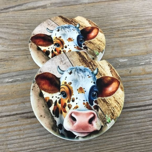 Peeking Cow Rustic Car Coasters Set of 2 - Picture 1 of 5